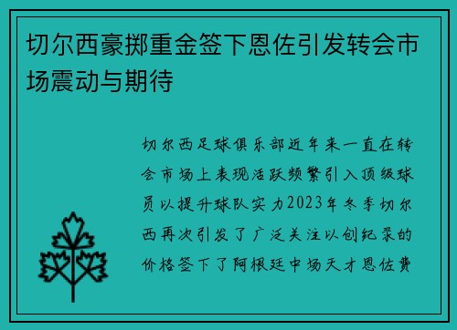 切尔西豪掷重金签下恩佐引发转会市场震动与期待